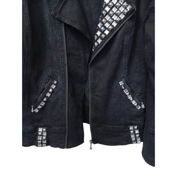 DG2 Y2K Denim Jacket Sz M BLACK Punk Rock Boxy Moto BLING BEADED Goth Retro VNTG - Picture 4 of 15